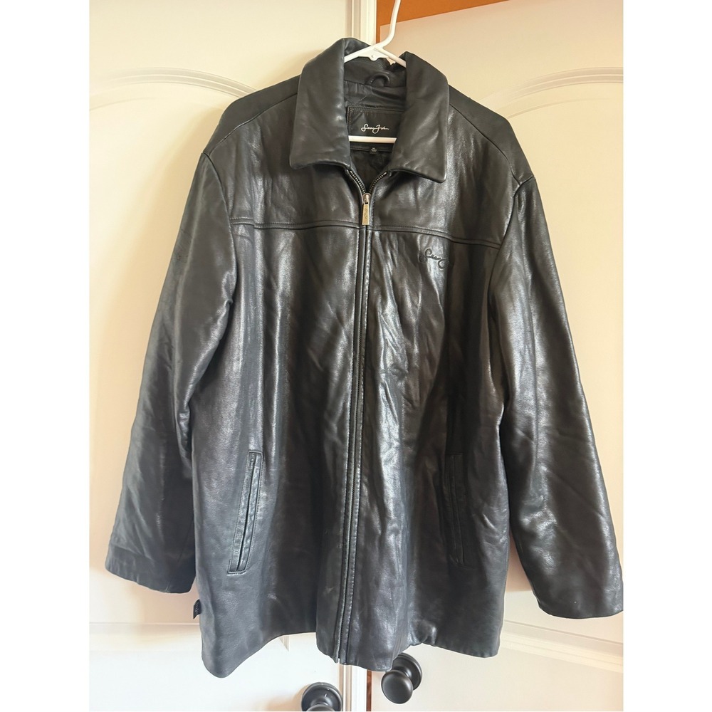 Sean John Mens Black Leather Jacket XL Quilted Lined Full Zip Coat Urban Street